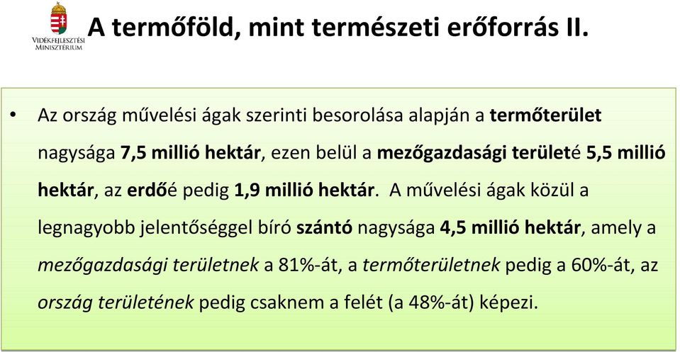 mezőgazdasági területé 5,5 millió hektár, az erdőépedig 1,9 millióhektár.