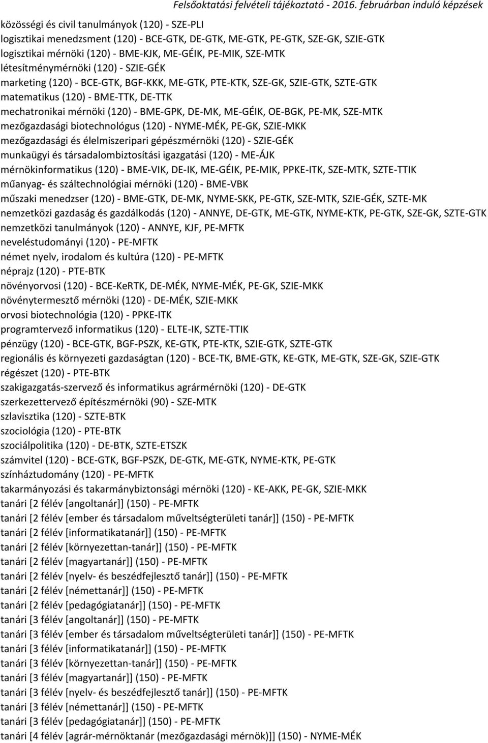ME-GÉIK, OE-BGK, PE-MK, SZE-MTK mezőgazdasági biotechnológus (120) - NYME-MÉK, PE-GK, SZIE-MKK mezőgazdasági és élelmiszeripari gépészmérnöki (120) - SZIE-GÉK munkaügyi és társadalombiztosítási