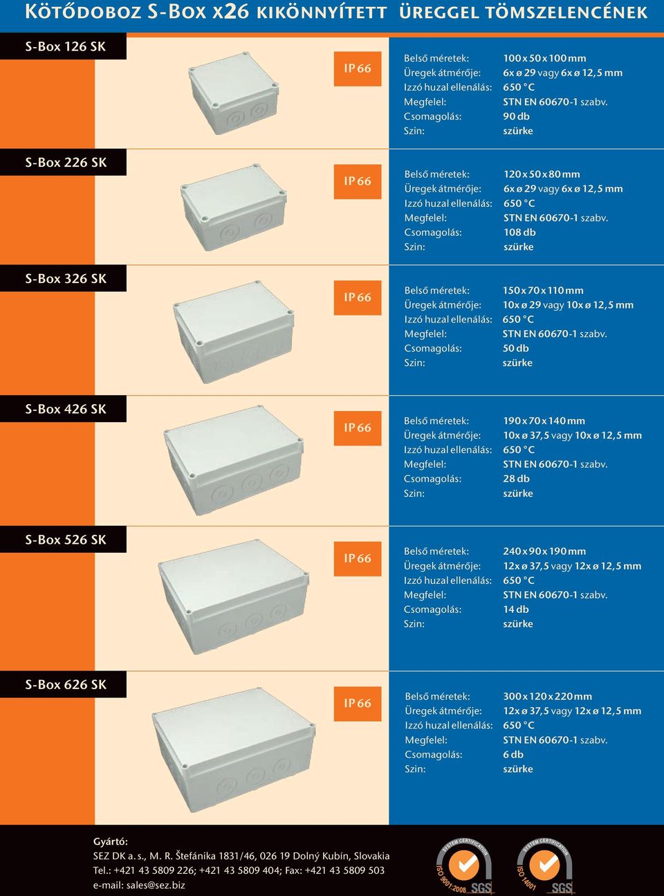 Csomagolás: 108 db S-Box 326 SK IP 66 Belső méretek: 150 x 70 x 110 mm Üregek átmérője: 10x ø 29 vagy 10x ø 12,5 mm szabv.