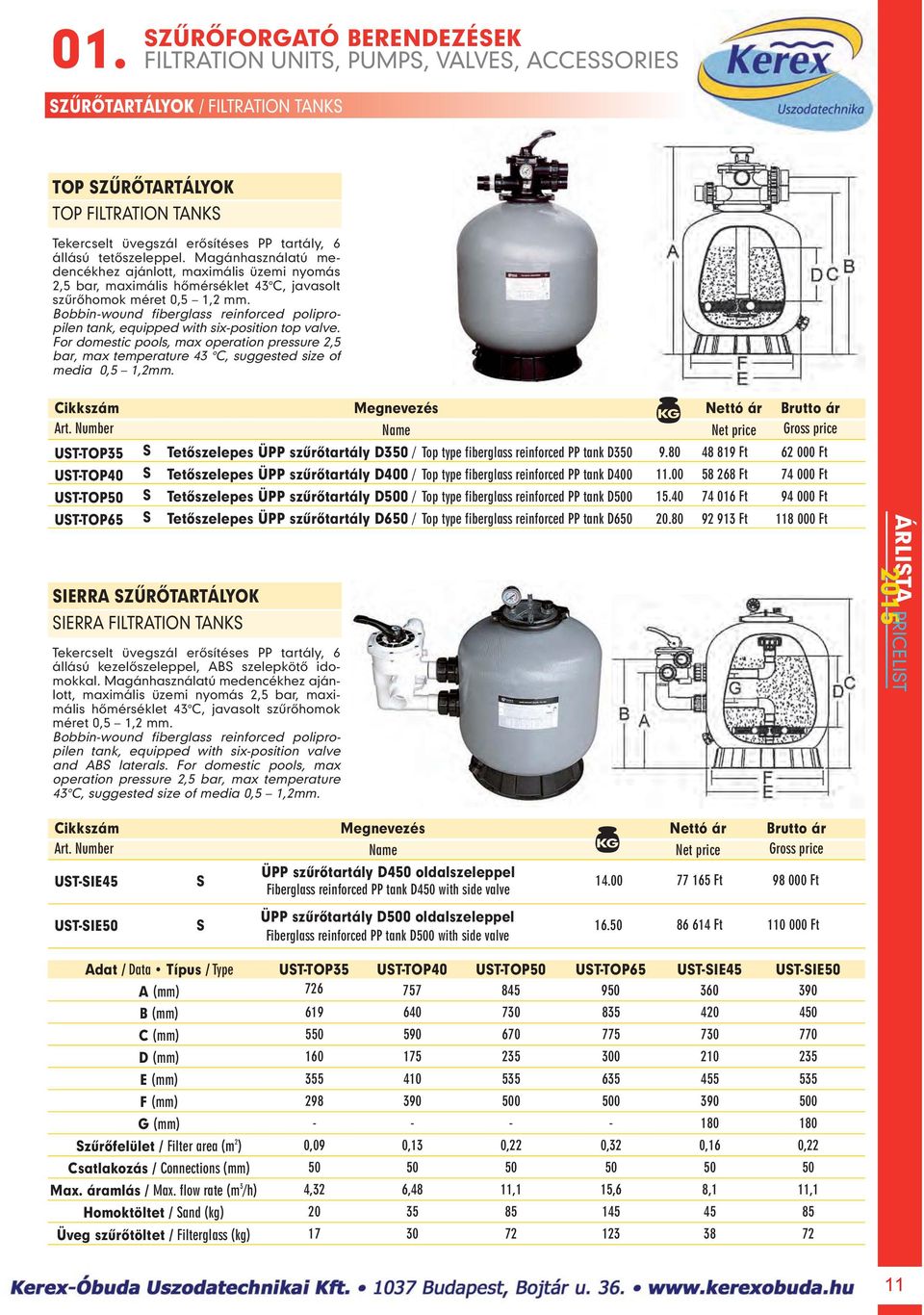 Bobbin-wound fiberglass reinforced polipropilen tank, equipped with six-position top valve. For domestic pools, max operation pressure 2,5 bar, max temperature 43 C, suggested size of media 0,5 1,2mm.