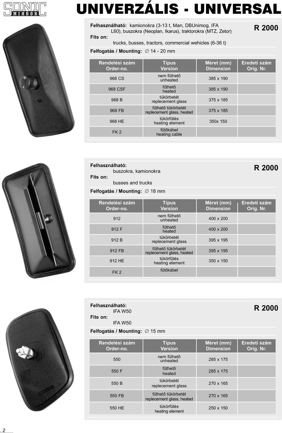x 185 375 x 185 350x 150 buszokra, kamionokra busses and trucks Felfogatás / Mounting: 18 mm 912 912 F 912 B 912 FB 912 HE, 400 x 200 400 x 200