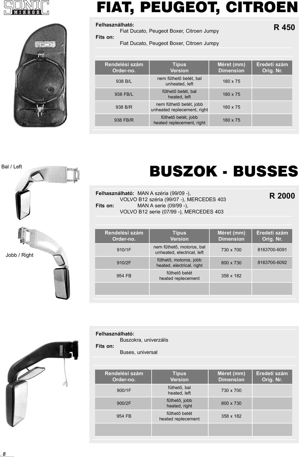 MAN A serie (09/99 -), VOLVO B12 serie (07/99 -), MERCEDES 403 Jobb / Right 910/1F 910/2F 954 FB, motoros, bal, electrical, left, motoros, jobb, electrical, right betét replecement