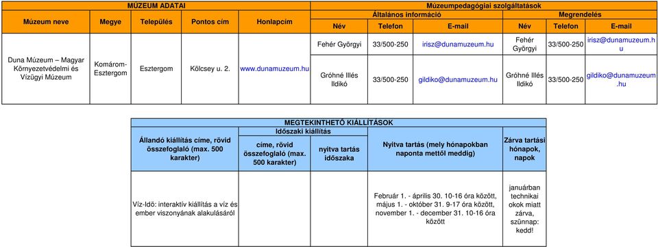 hu Gróhné Illés Ildikó 33/500-250 gildiko@dunamuzeum.hu Állandó kiállítás címe, rövid összefoglaló (max. 500 karakter) MEGTEKINTHETİ KIÁLLÍTÁSOK Idıszaki kiállítás címe, rövid összefoglaló (max.