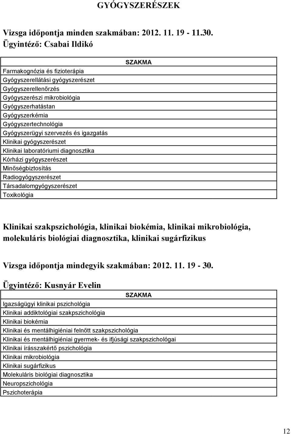 Gyógyszerügyi szervezés és igazgatás Klinikai gyógyszerészet Klinikai laboratóriumi diagnosztika Kórházi gyógyszerészet Minőségbiztosítás Radiogyógyszerészet Társadalomgyógyszerészet Toxikológia