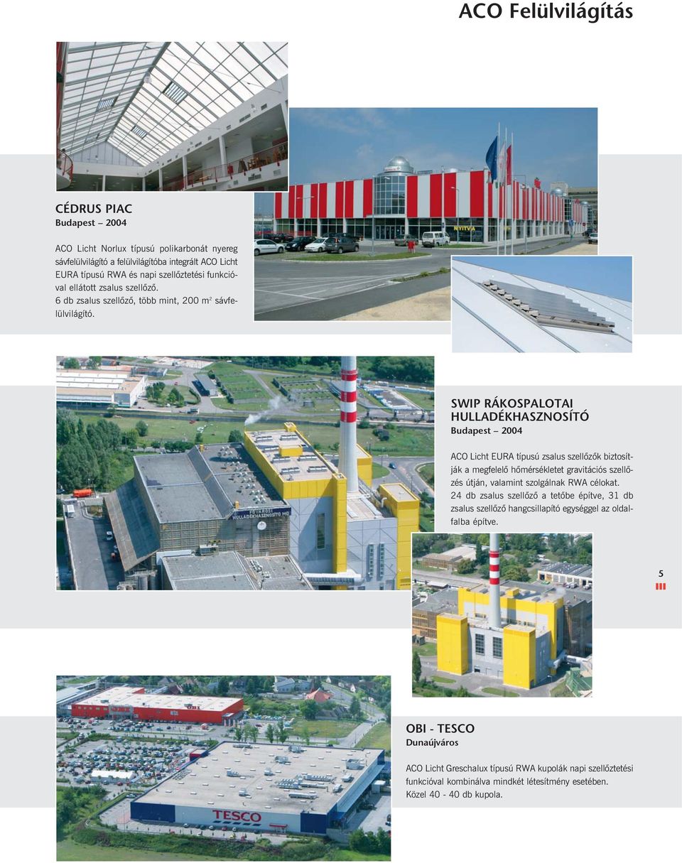 SWIP RÁKOSPALOTAI HULLADÉKHASZNOSÍTÓ Budapest 2004 ACO Licht EURA típusú zsalus szellõzõk biztosítják a megfelelõ hõmérsékletet gravitációs szellõzés útján, valamint szolgálnak