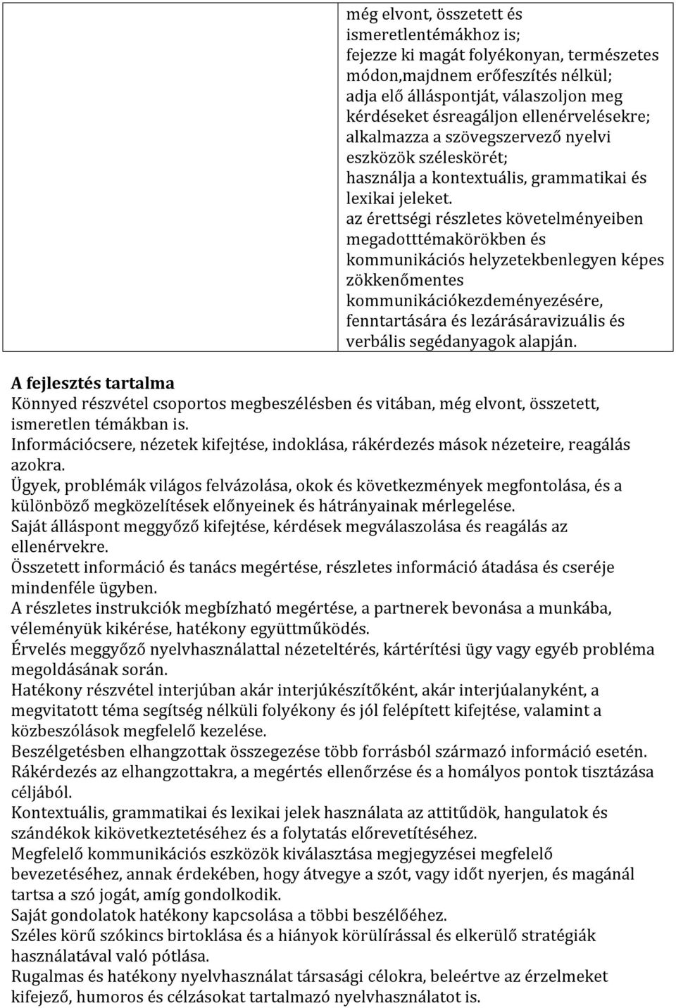 az érettségi részletes követelményeiben megadotttémakörökben és kommunikációs helyzetekbenlegyen képes zökkenőmentes kommunikációkezdeményezésére, fenntartására és lezárásáravizuális és verbális