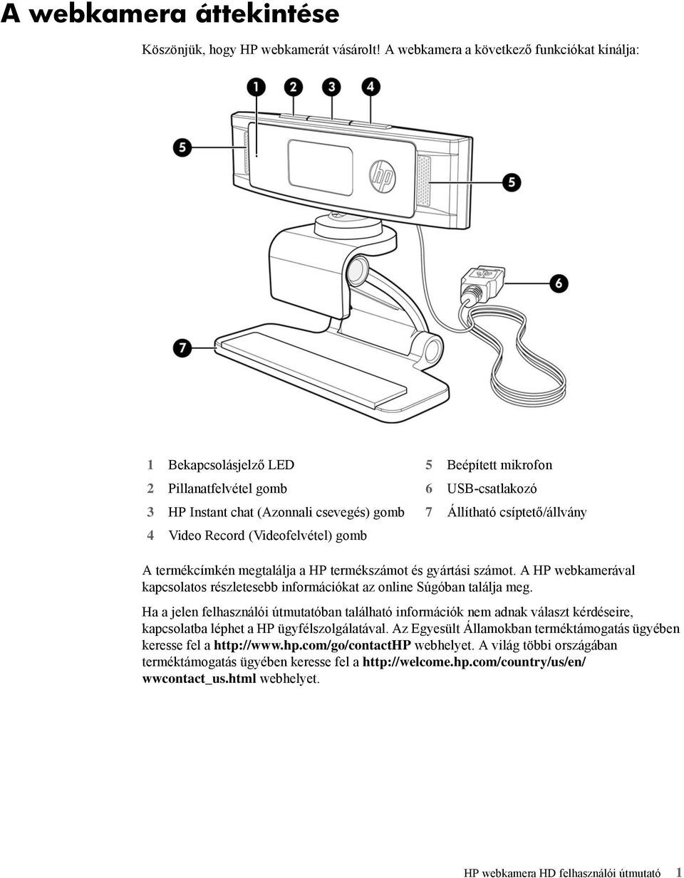 USB-csatlakozó 7 Állítható csíptető/állvány A termékcímkén megtalálja a HP termékszámot és gyártási számot. A HP webkamerával kapcsolatos részletesebb információkat az online Súgóban találja meg.