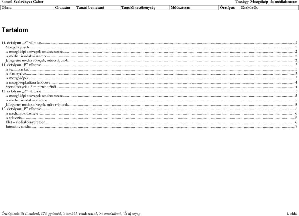 .. 3 A mozgóképek... 3 A mozgóképkultúra fejlődése... 4 Szemelvények a film történetéből... 4 12. évfolyam A változat... 5 A mozgóképi szövegek rendszerezése... 5 A média társadalmi szerepe.