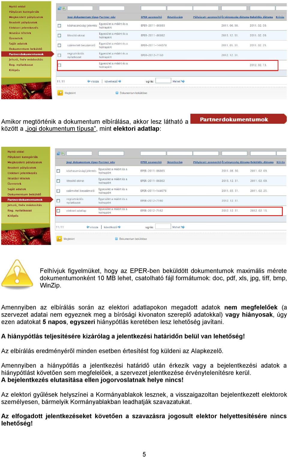 Amennyiben az elbírálás során az elektori adatlapokon megadott adatok nem megfelelőek (a szervezet adatai nem egyeznek meg a bírósági kivonaton szereplő adatokkal) vagy hiányosak, úgy ezen adatokat 5