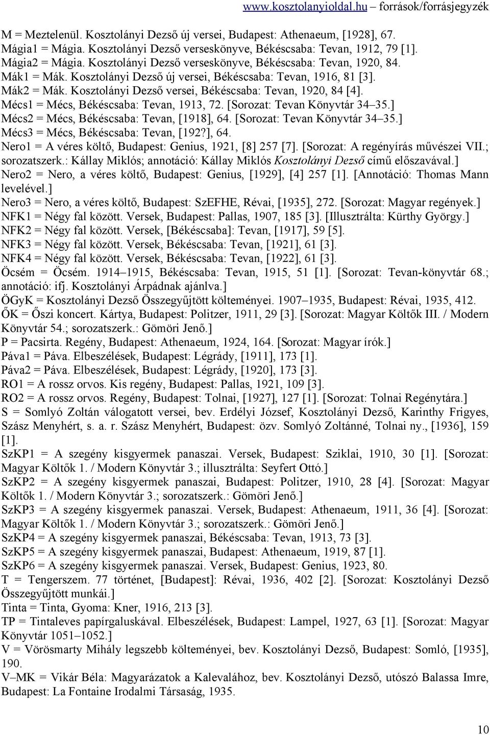 Kosztolányi Dezső versei, Békéscsaba: Tevan, 1920, 84 [4]. Mécs1 = Mécs, Békéscsaba: Tevan, 1913, 72. [Sorozat: Tevan Könyvtár 34 35.] Mécs2 = Mécs, Békéscsaba: Tevan, [1918], 64.