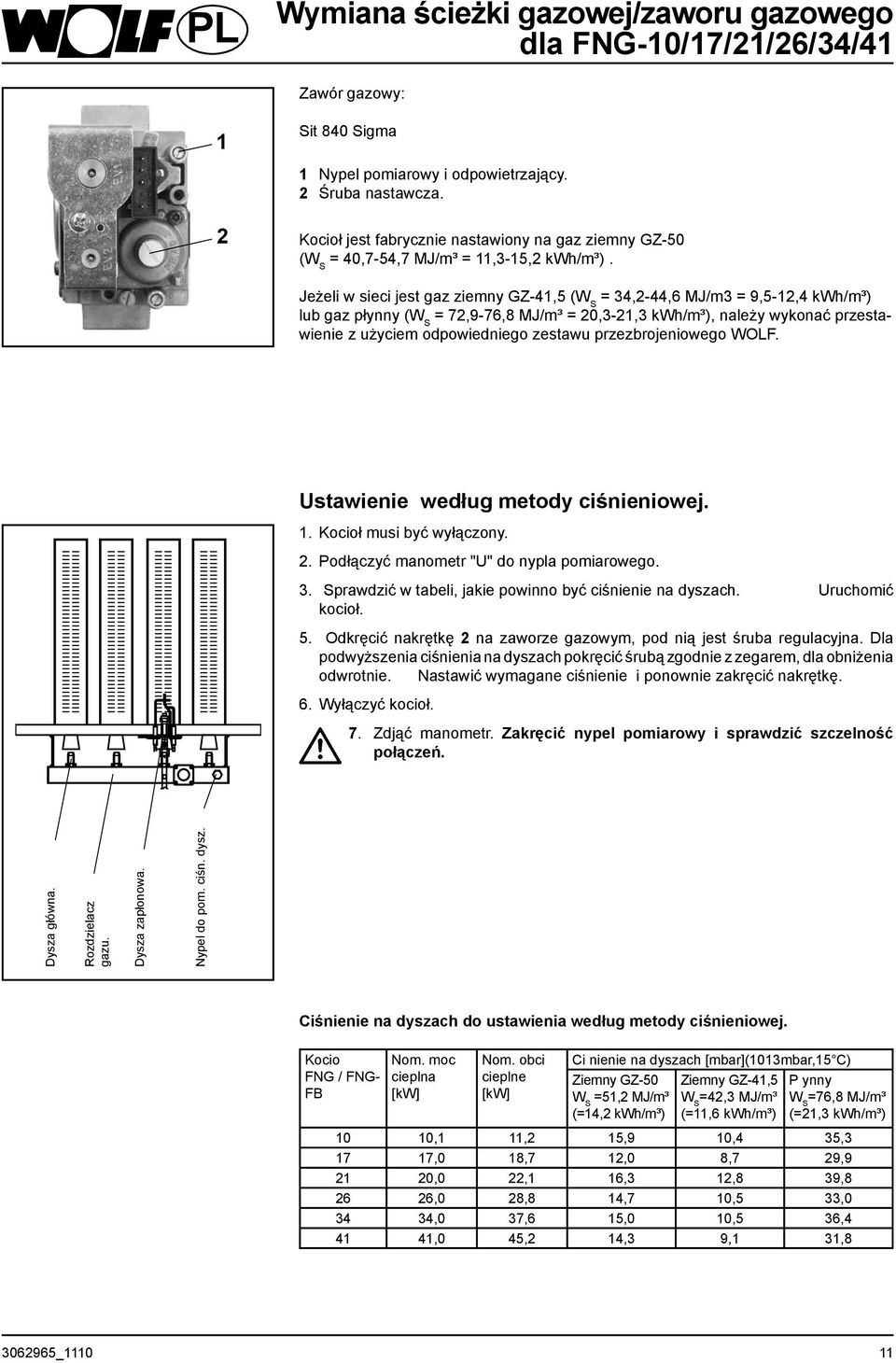 Jeżeli w sieci jest gaz ziemny GZ-41,5 ( = 34,2 44,6 MJ/m3 = 9,5-12,4 kwh/m³) lub gaz płynny ( = 72,9-76,8 MJ/m³ = 20,3-21,3 kwh/m³), należy wykonać przestawienie z użyciem odpowiedniego zestawu