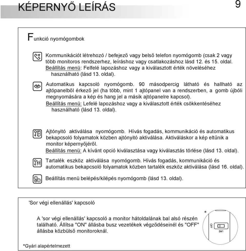 90 másodpercig látható és hallható az ajtópanelből érkező jel (ha több, mint 1 ajtópanel van a rendszerben, a gomb újbóli megnyomására a kép és hang jel a másik ajtópanelre kapcsol).