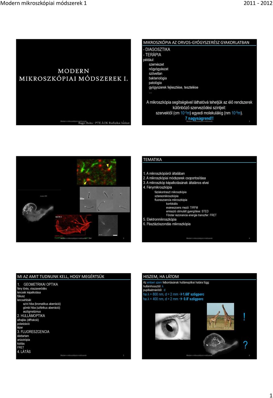 10-9 m). 7 nagyságrend!! Modern mikroszkópiai módszerek TEMATIKA 1. A mikroszkópiáról általában. A mikroszkópiai módszerek csoportosítása 3. A mikroszkóp képalkotásának általános elvei 4.