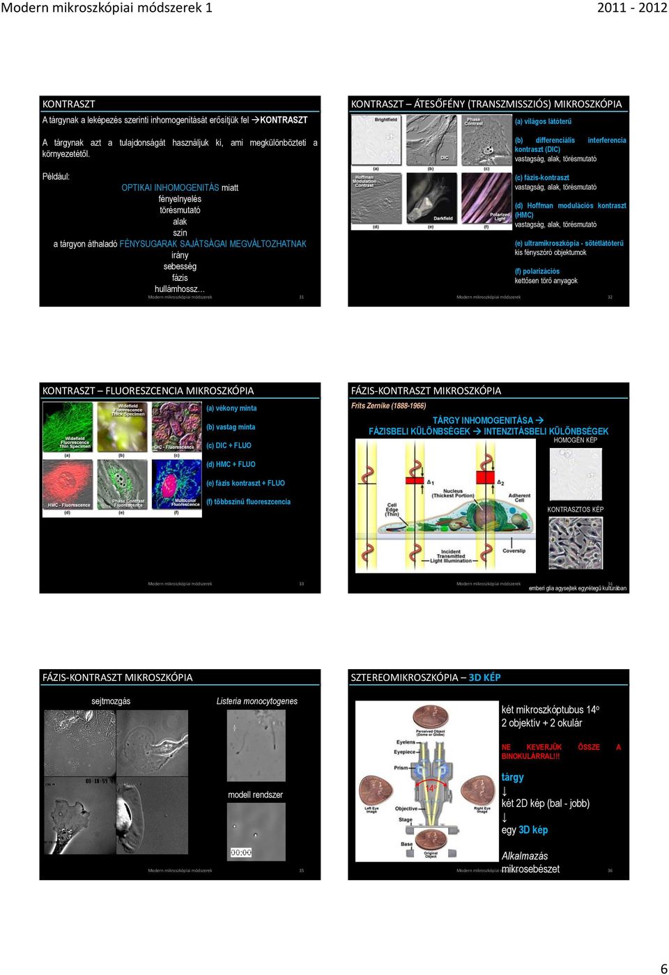 KONTRASZT ÁTESŐFÉNY (TRANSZMISSZIÓS) MIKROSZKÓPIA (a) világos látóterű (b) differenciális interferencia kontraszt (DIC) vastagság, alak, törésmutató (c) fázis-kontraszt vastagság, alak, törésmutató
