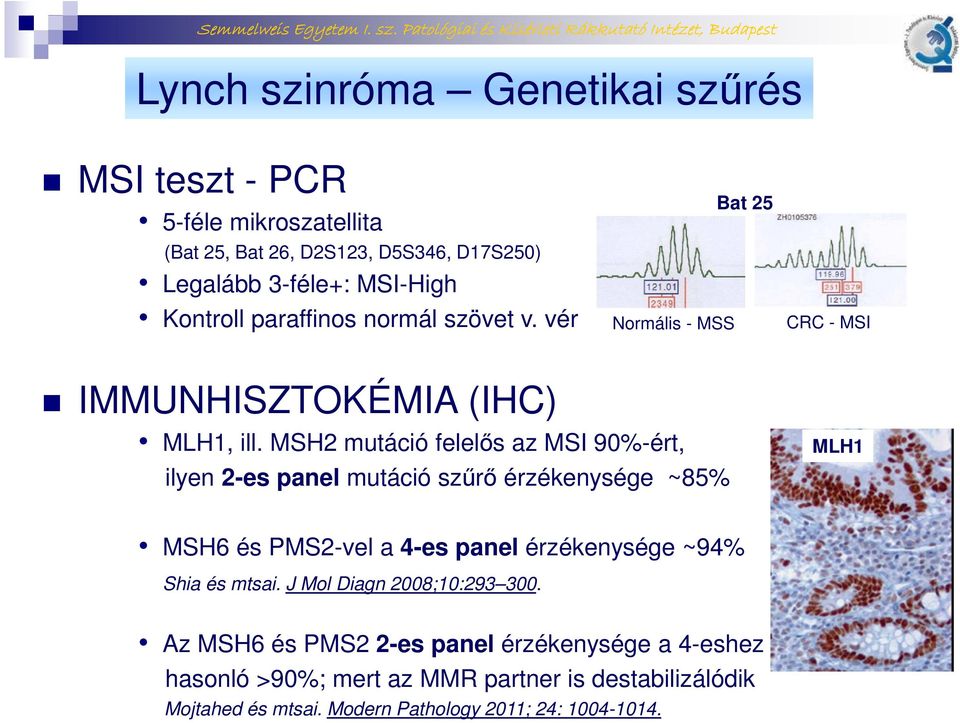 MSH2 mutáció felelős az MSI 90%-ért, ilyen 2-es panel mutáció szűrő érzékenysége ~85% MLH1 MSH6 és PMS2-vel a 4-es panel érzékenysége ~94% Shia és