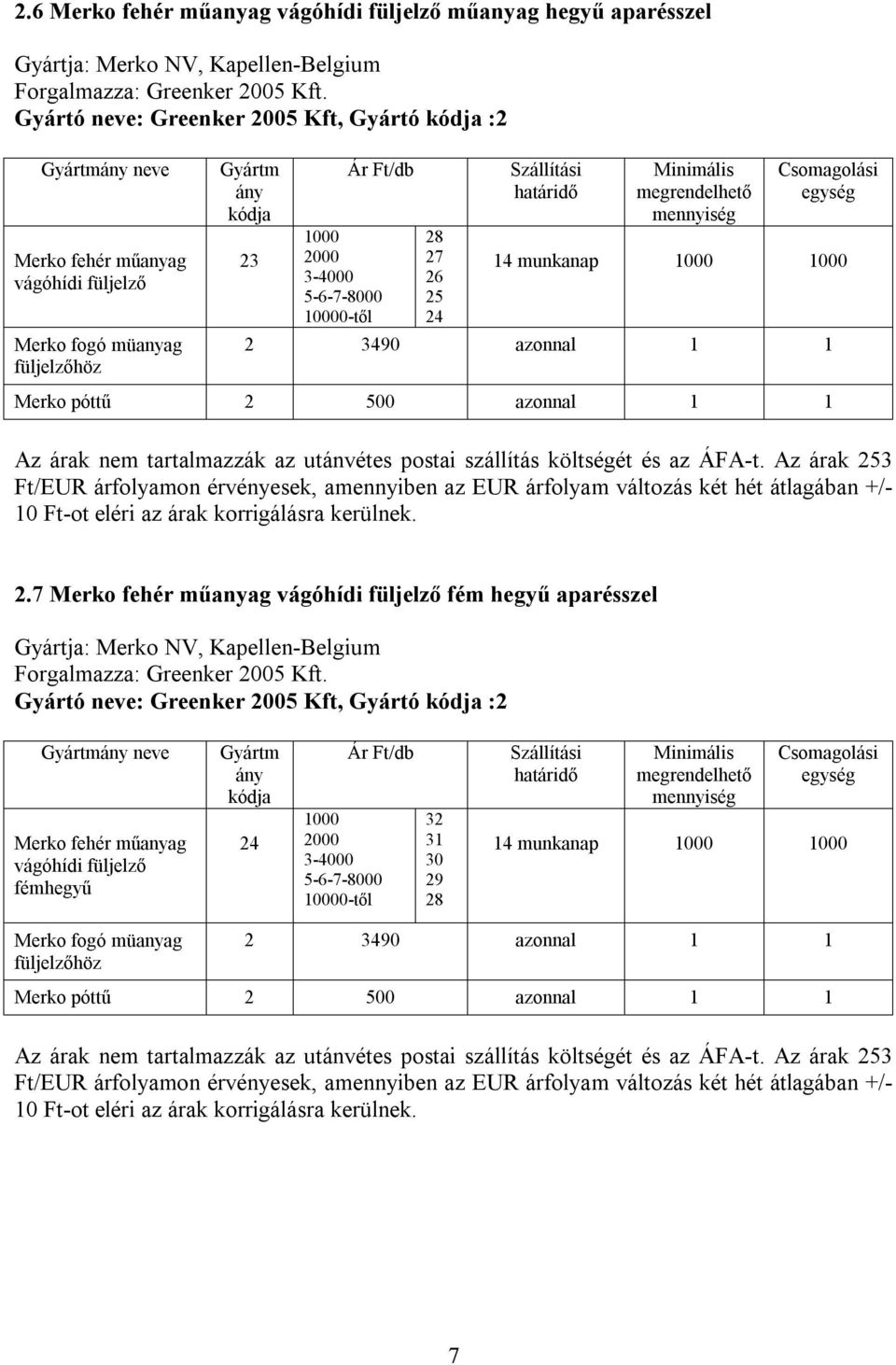 azonnal 1 1 Merko póttű 2 500 azonnal 1 1 10 Ft-ot eléri az árak korrigálásra kerülnek. 2.7 Merko fehér műanyag vágóhídi fém hegyű aparésszel Gyártja: Merko NV, Kapellen-Belgium Forgalmazza: Greenker 2005 Kft.