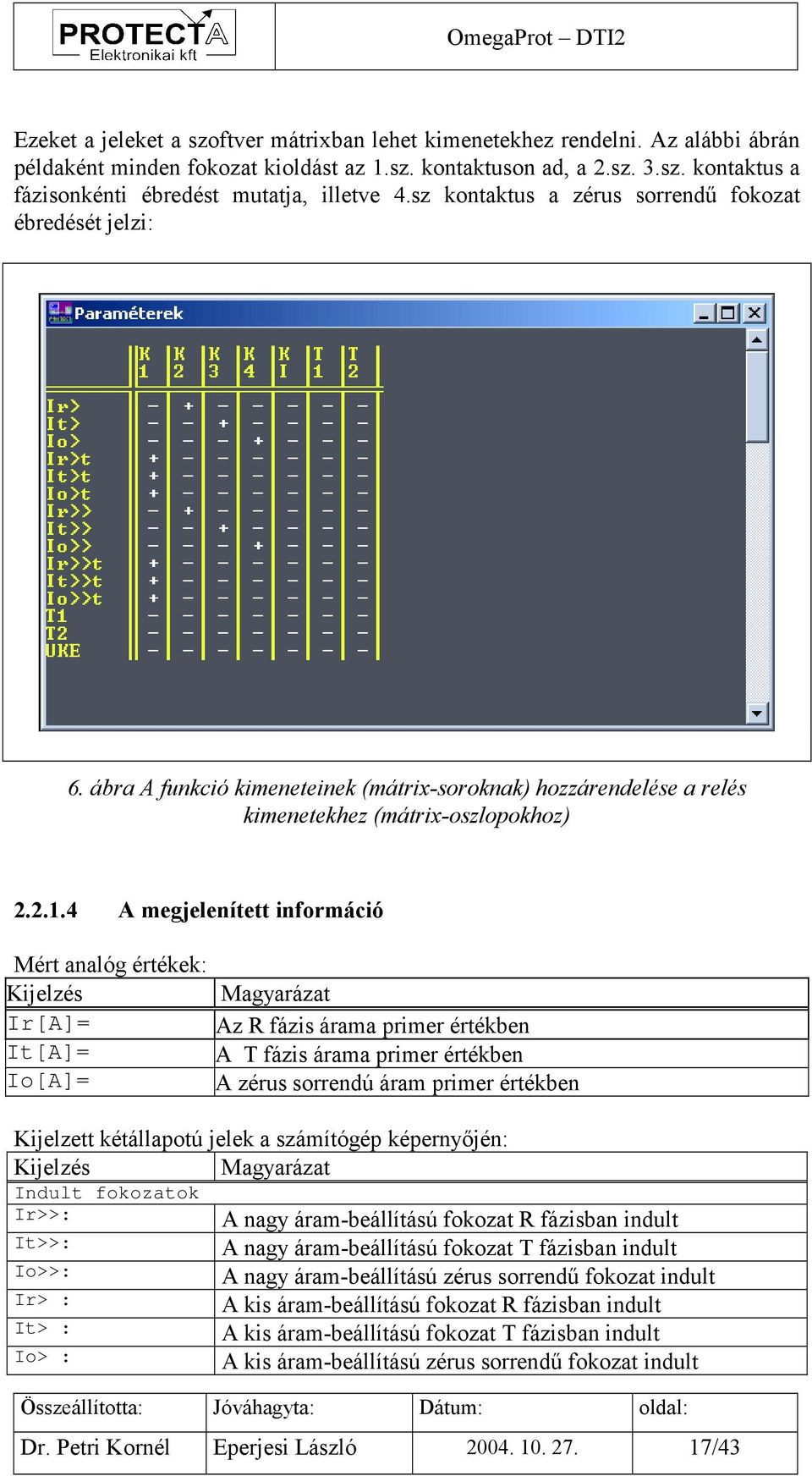 4 A megjelenített információ Mért analóg értékek: Kijelzés Ir[A]= It[A]= Io[A]= Magyarázat Az R fázis árama primer értékben A T fázis árama primer értékben A zérus sorrendú áram primer értékben