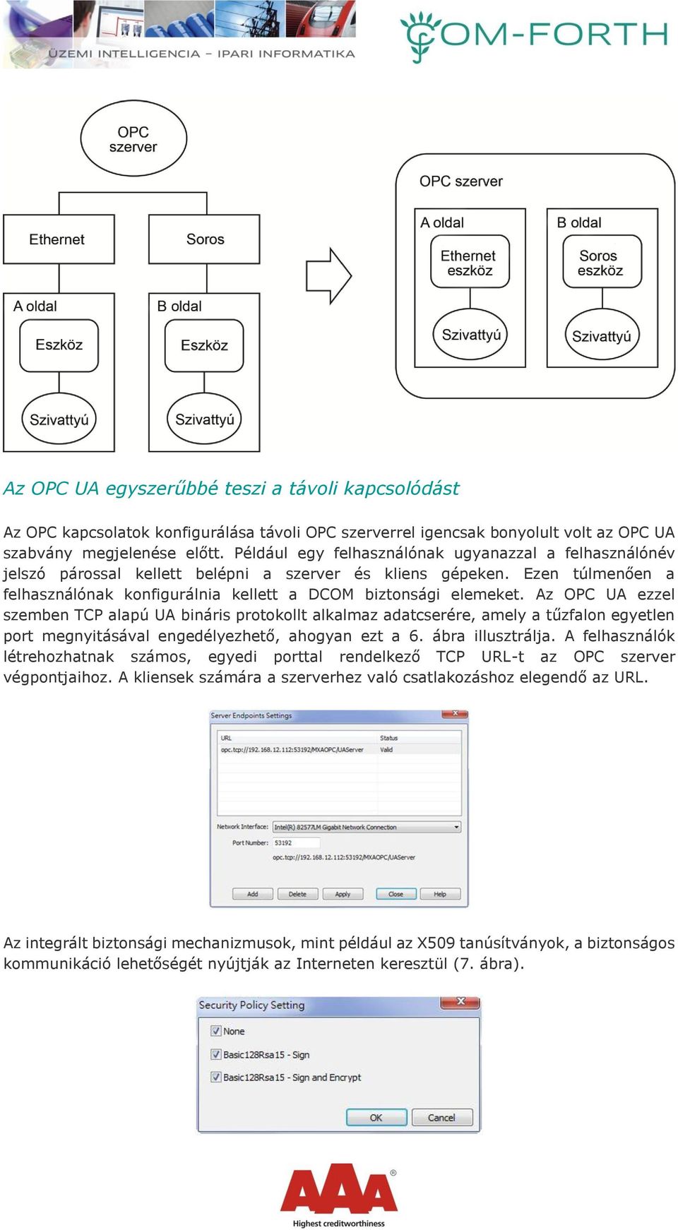 Az OPC UA ezzel szemben TCP alapú UA bináris protokollt alkalmaz adatcserére, amely a tűzfalon egyetlen port megnyitásával engedélyezhető, ahogyan ezt a 6. ábra illusztrálja.