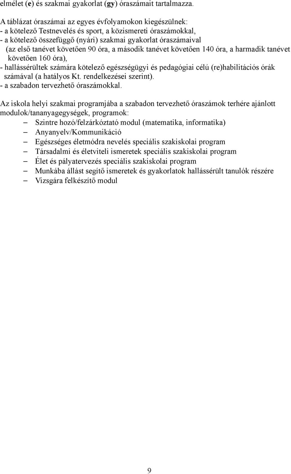 követően 90 óra, a második tanévet követően 140 óra, a harmadik tanévet követően 160 óra), - hallássérültek számára kötelező egészségügyi és pedagógiai célú (re)habilitációs órák számával (a hatályos