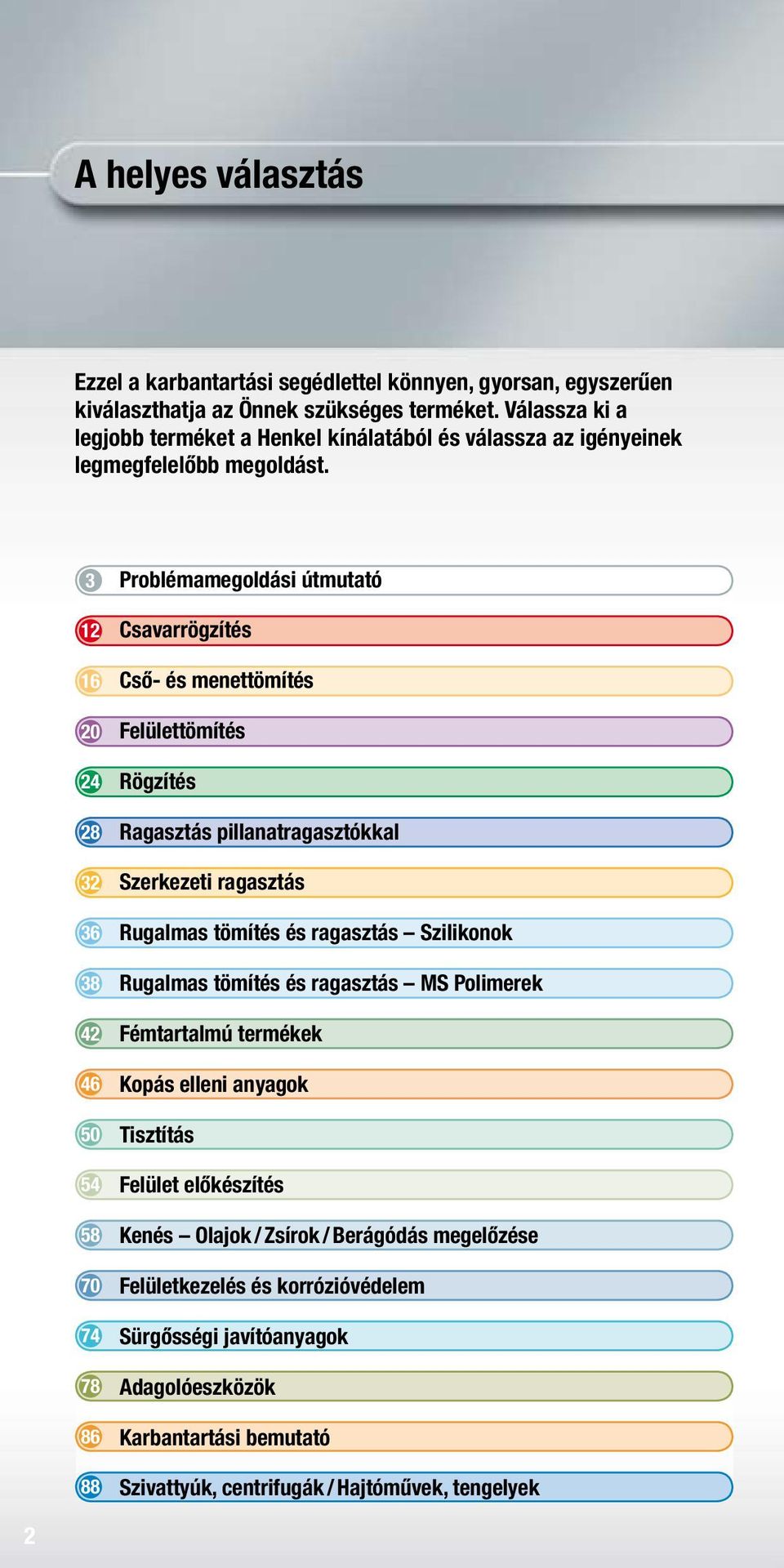 3 12 16 20 24 28 32 36 38 42 46 50 54 58 70 74 78 86 88 Problémamegoldási útmutató Csavarrögzítés Cső- és menettömítés Felülettömítés Rögzítés Ragasztás pillanatragasztókkal Szerkezeti