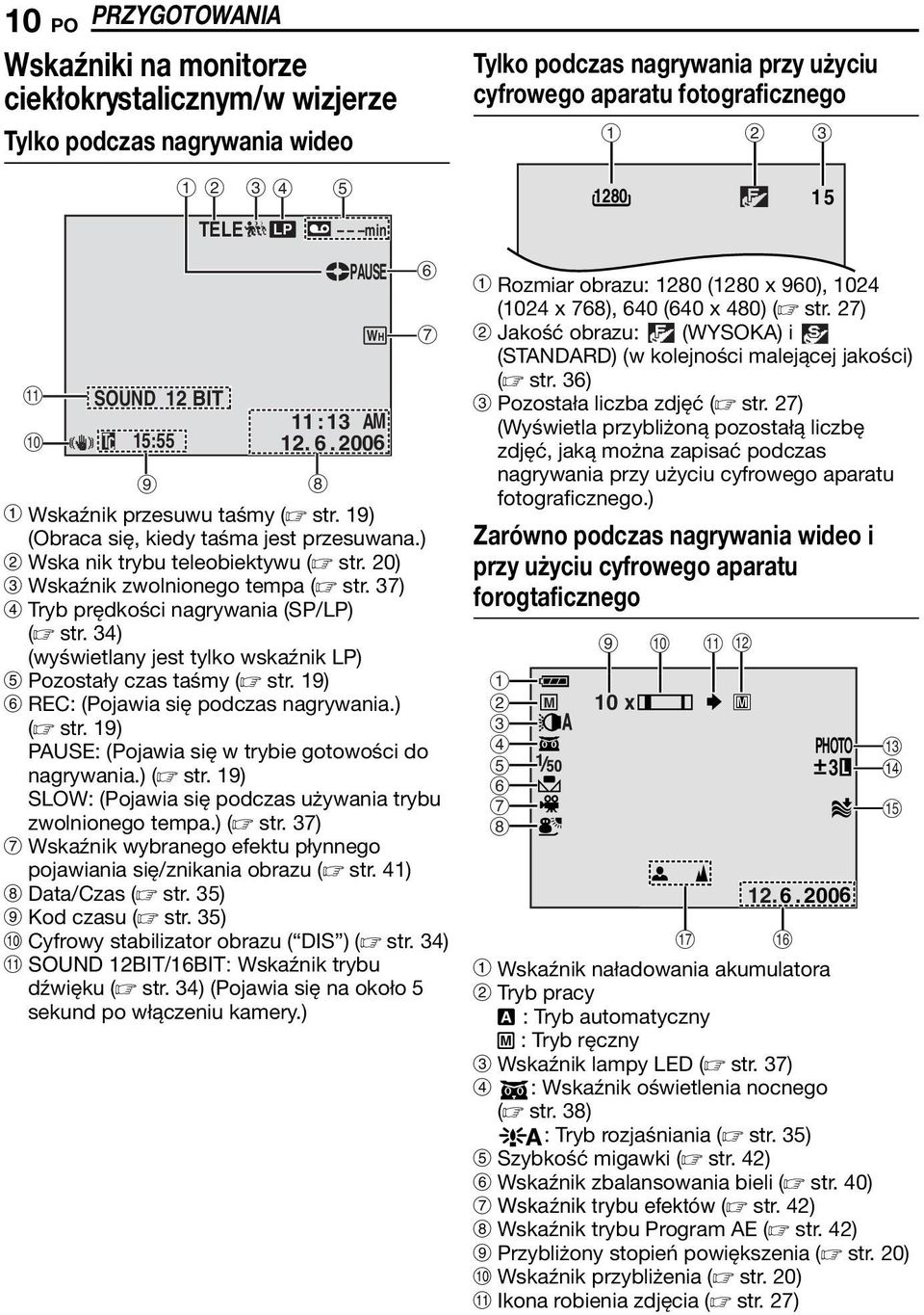 34) (wyświetlany jest tylko wskaźnik LP) E Pozostały czas taśmy ( str. 19) F REC: (Pojawia się podczas nagrywania.) ( str. 19) PAUSE: (Pojawia się w trybie gotowości do nagrywania.) ( str. 19) SLOW: (Pojawia się podczas używania trybu zwolnionego tempa.