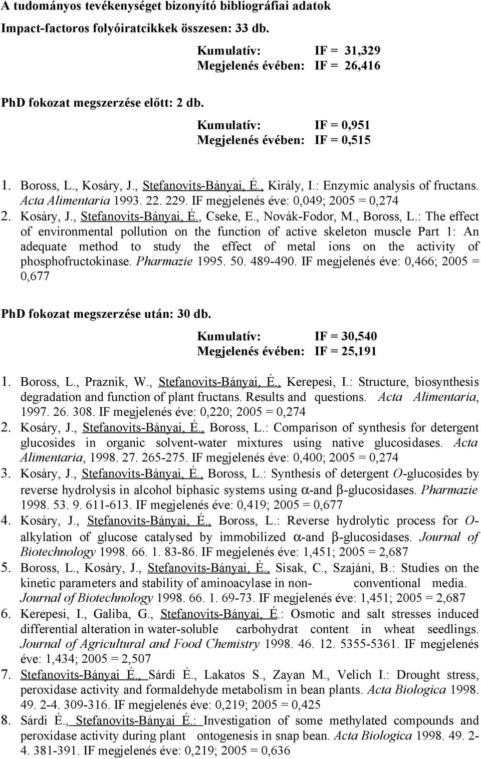IF megjelenés éve: 0,049; 2005 = 0,274 2. Kosáry, J., Stefanovits-Bányai, É., Cseke, E., Novák-Fodor, M., Boross, L.