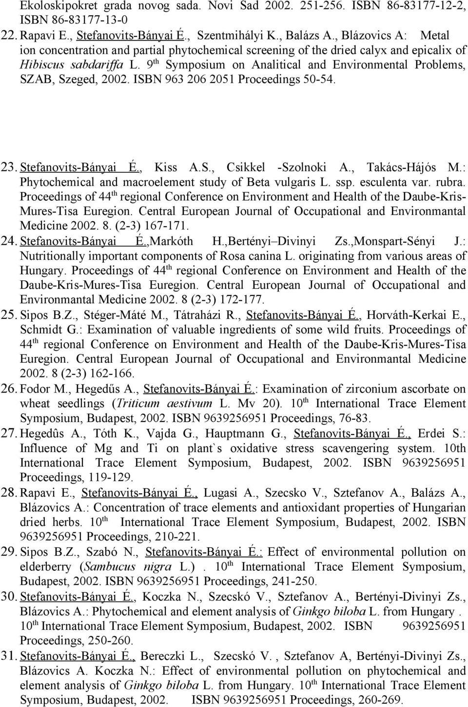 9 th Symposium on Analitical and Environmental Problems, SZAB, Szeged, 2002. ISBN 963 206 2051 Proceedings 50-54. 23. Stefanovits-Bányai É., Kiss A.S., Csikkel -Szolnoki A., Takács-Hájós M.