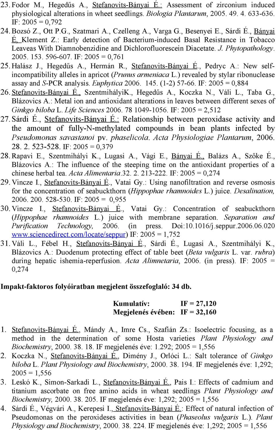 : Early detection of Bacterium-induced Basal Resistance in Tobacco Leaveas With Diamnobenzidine and Dichlorofluorescein Diacetate. J. Phytopathology. 2005. 153. 596-607. IF: 2005 = 0,761 25. Halász J.