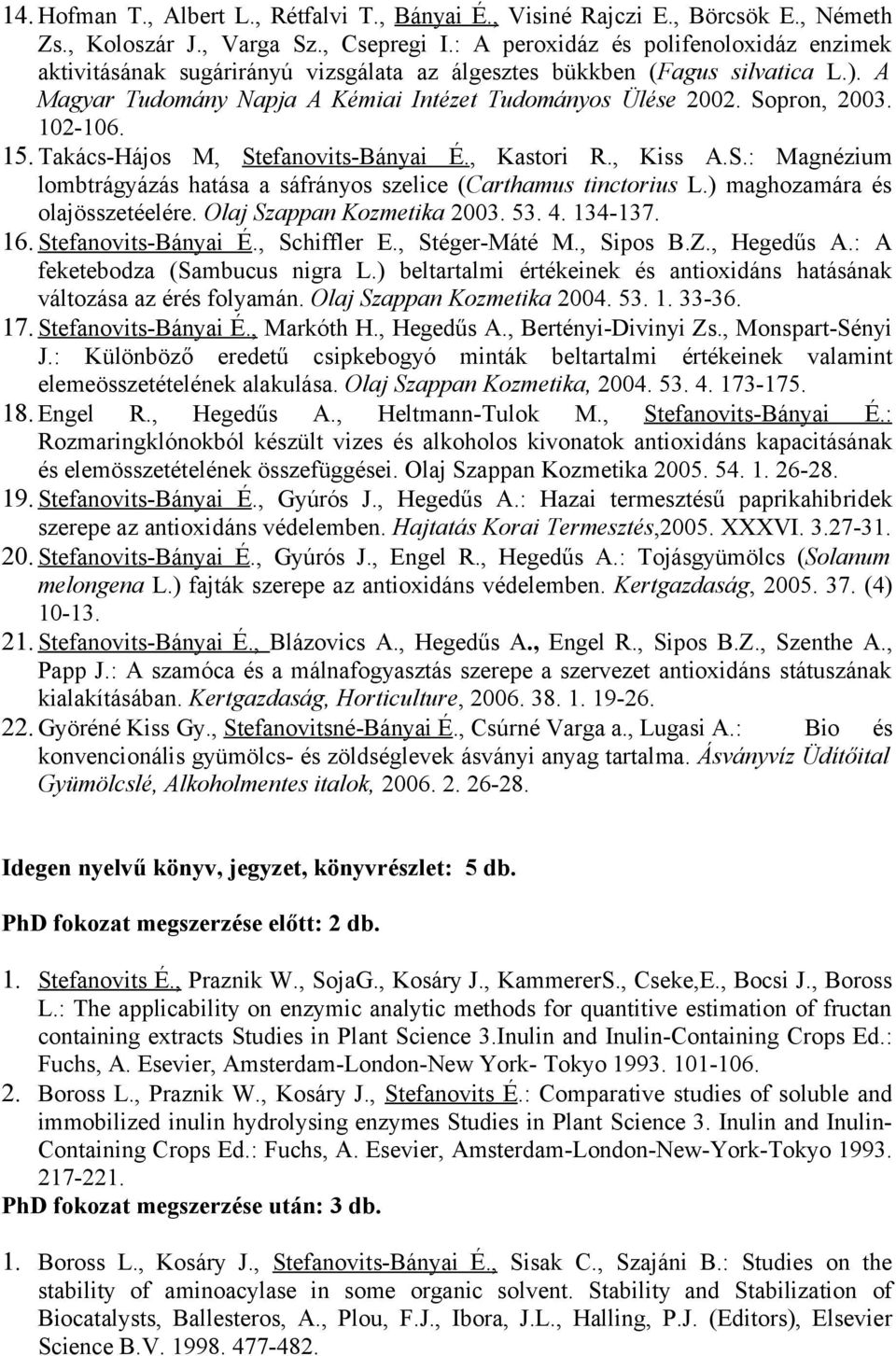 102-106. 15. Takács-Hájos M, Stefanovits-Bányai É., Kastori R., Kiss A.S.: Magnézium lombtrágyázás hatása a sáfrányos szelice (Carthamus tinctorius L.) maghozamára és olajösszetéelére.