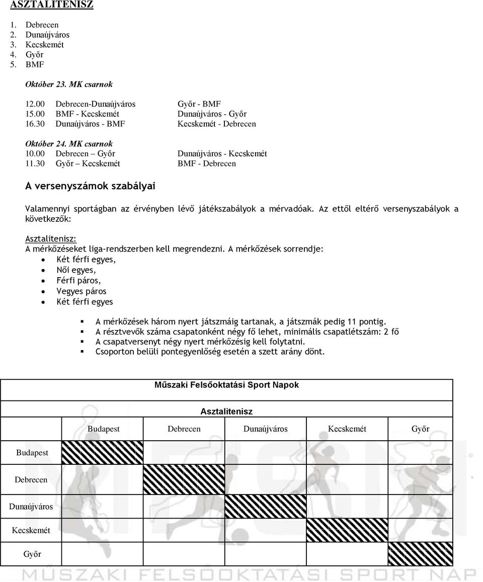 Az ettől eltérő versenyszabályok a következők: Asztalitenisz: A mérkőzéseket liga-rendszerben kell megrendezni.