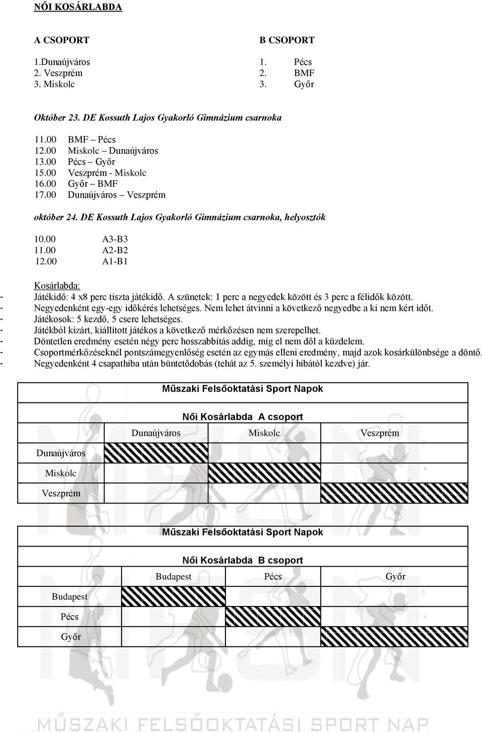 00 A1-B1 Kosárlabda: - Játékidő: 4 x8 perc tiszta játékidő. A szünetek: 1 perc a negyedek között és 3 perc a félidők között. - Negyedenként egy-egy időkérés lehetséges.