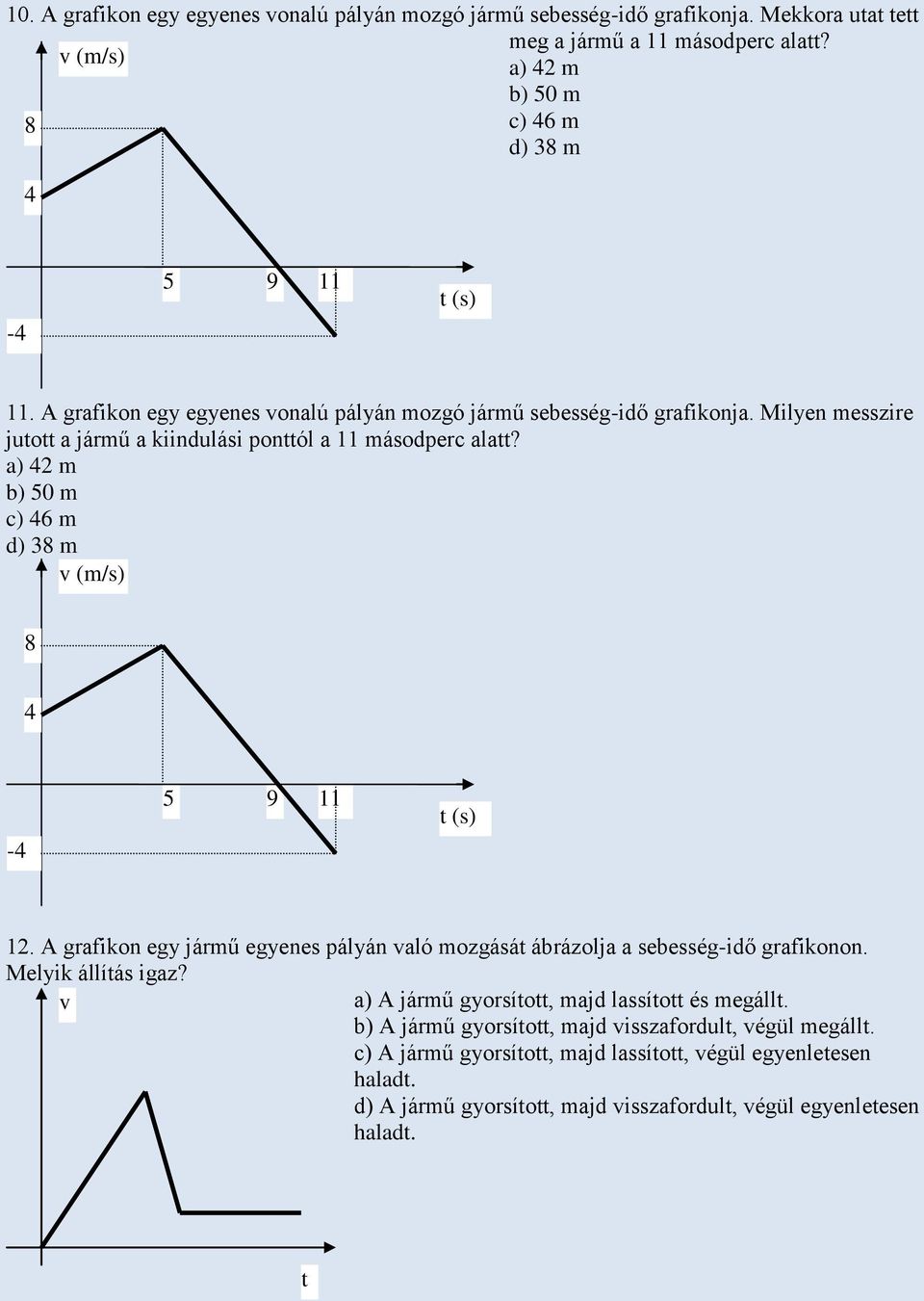 a) 2 m b) 50 m c) 6 m d) m - 5 9 11 12. A grafikon egy jármű egyenes pályán aló mozgásá ábrázolja a sebesség-idő grafikonon. Melyik állíás igaz?