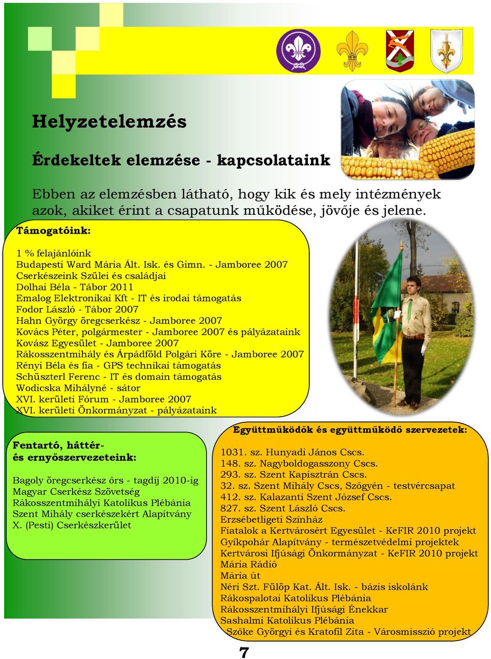 - Jamboree 2007 Cserkészeink Szülei és családjai Dolhai Béla - Tábor 2011 Emalog Elektronikai Kft - IT és irodai támogatás Fodor László - Tábor 2007 Hahn György öregcserkész - Jamboree 2007 Kovács