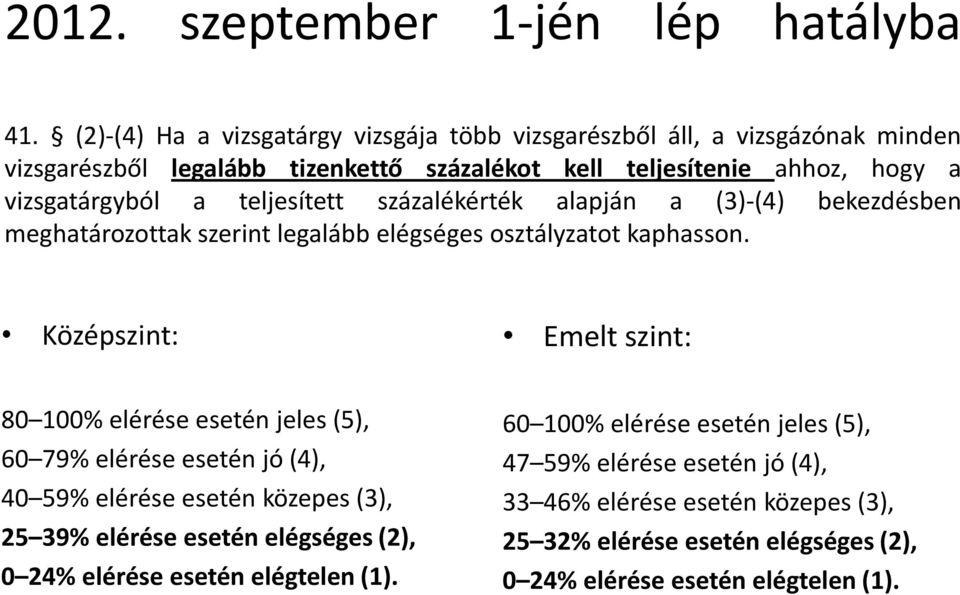 teljesített százalékérték alapján a (3)-(4) bekezdésben meghatározottak szerint legalább elégséges osztályzatot kaphasson.