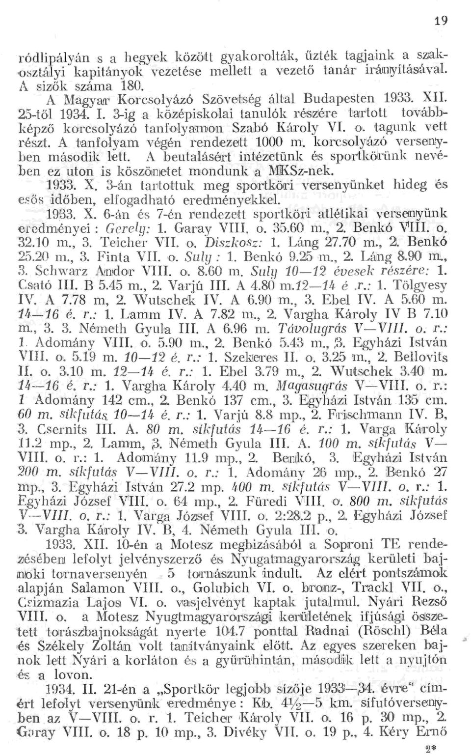 A heutaásért intéetünk és sportkö11iink nevéhen ez uton is köszötmetet n1!ondunk 'a :MKSz...nek. 1933. X. 3án ta11tottuk meg spüi"tköri versenyünket hideg és eös :i.dőhen, efogadható eredménye:k{e:.
