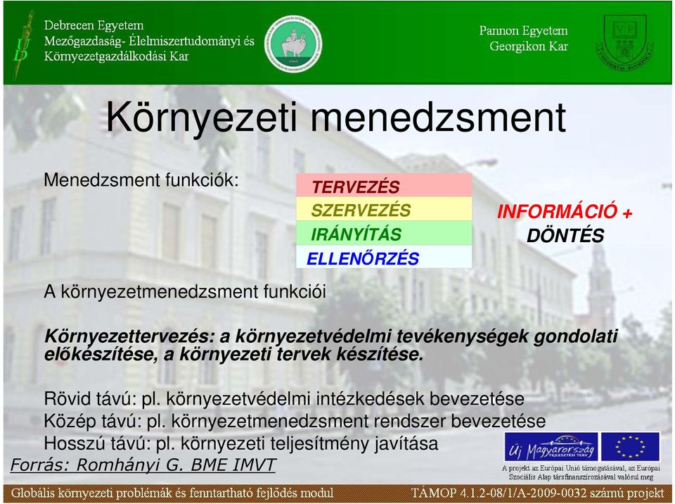 környezeti tervek készítése. Rövid távú: pl. környezetvédelmi intézkedések bevezetése Közép távú: pl.