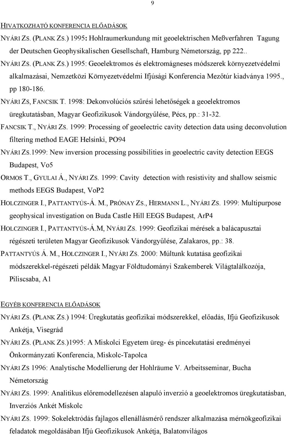 NYÁRI ZS, FANCSIK T. 998: Dekonvolúciós szűrési lehetőségek a geoelektromos üregkutatásban, Magyar Geofizikusok Vándorgyűlése, Pécs, pp.: 3-3. FANCSIK T., NYÁRI ZS.