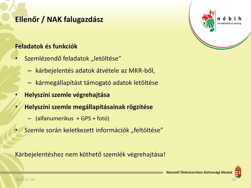 végrehajtása Helyszíni szemle megállapításainak rögzítése (alfanumerikus + GPS + fotó) Szemle