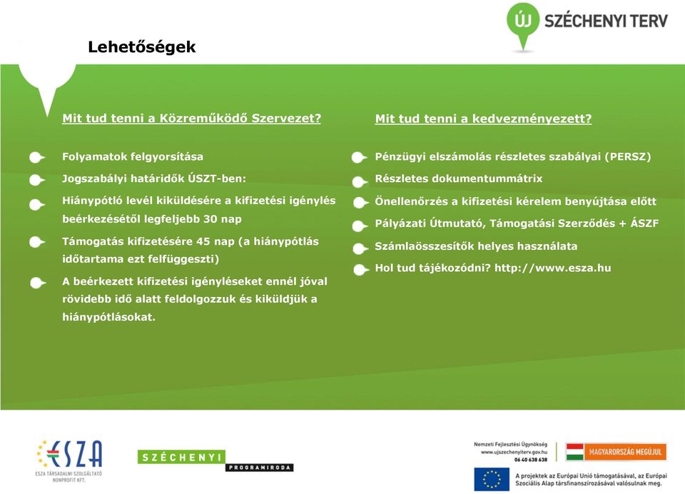 45 nap (a hiánypótlás időtartama ezt felfüggeszti) A beérkezett kifizetési igényléseket ennél jóval rövidebb idő alatt feldolgozzuk és kiküldjük a hiánypótlásokat.