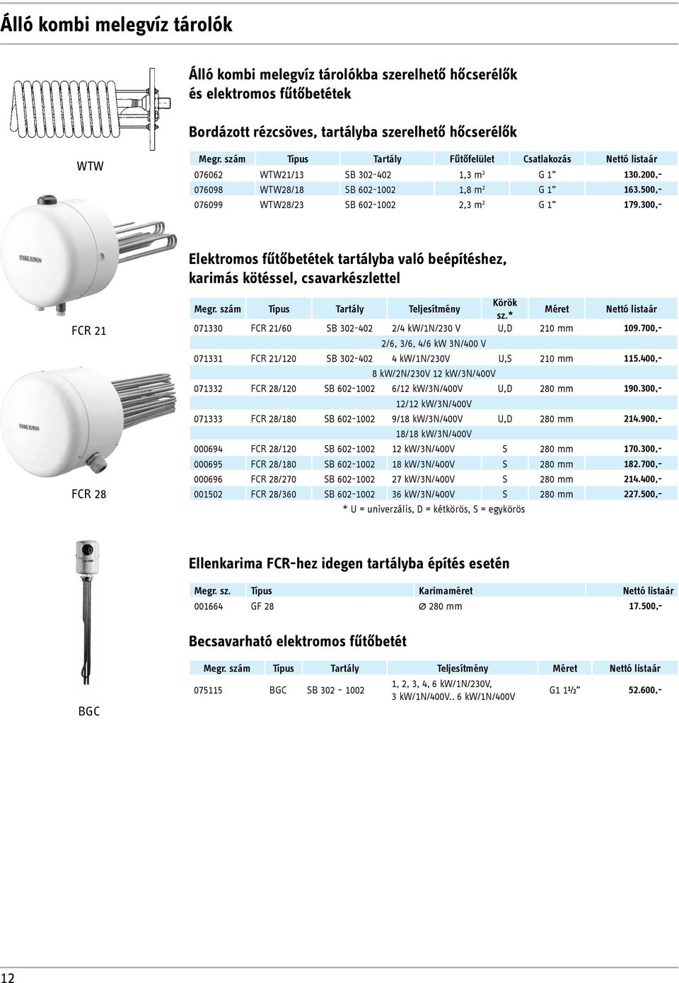 300,- Elektromos fűtőbetétek tartályba való beépítéshez, karimás kötéssel, csavarkészlettel FCR 21 FCR 28 Megr. szám Típus Tartály Teljesítmény Körök sz.