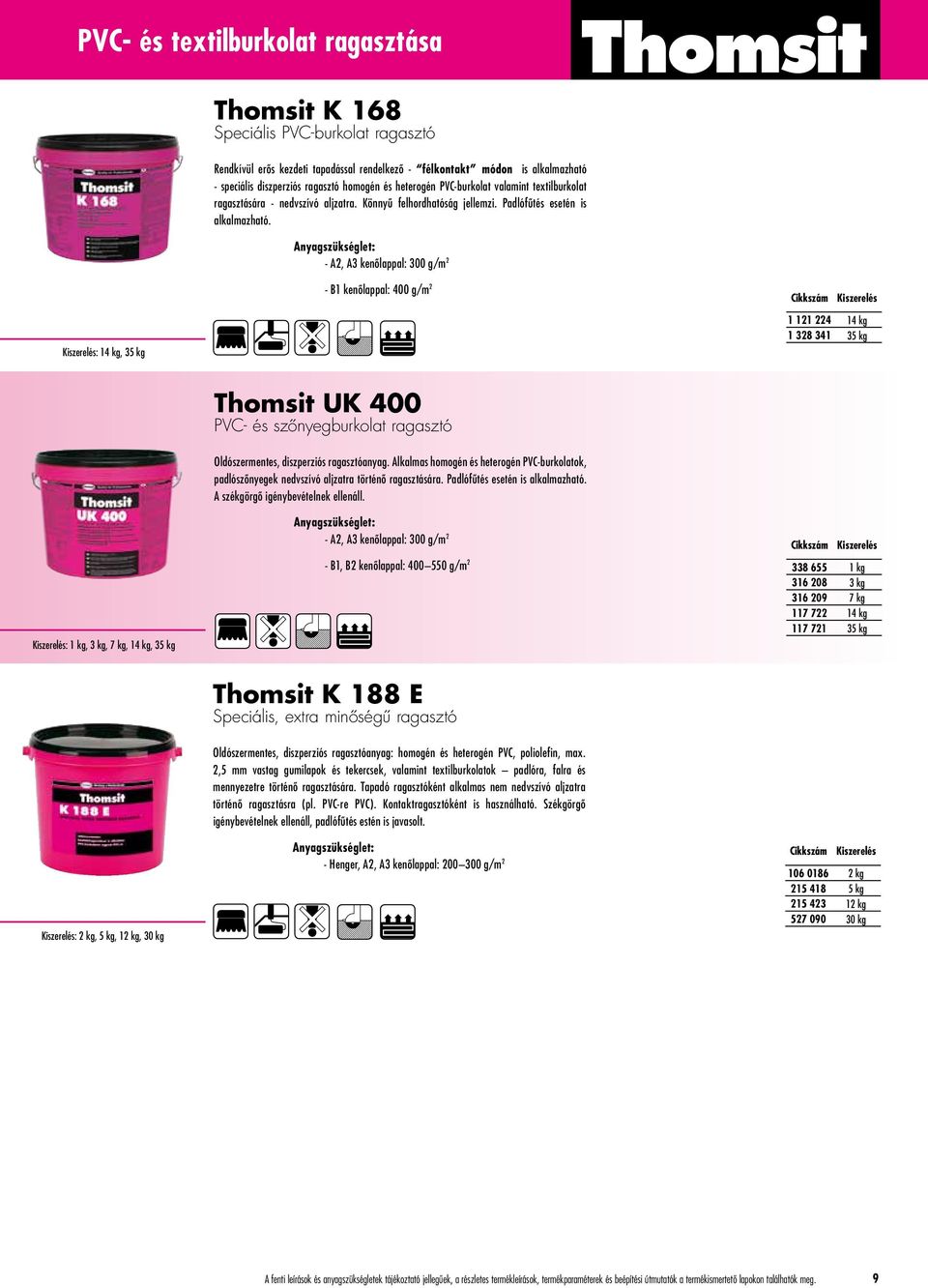 - A2, A3 kenôlappal: 300 g/m 2 - B1 kenôlappal: 400 g/m 2 : 14 kg, 35 kg 1 121 224 14 kg 1 328 341 35 kg Thomsit UK 400 PVC- és szônyegburkolat ragasztó Oldószermentes, diszperziós ragasztóanyag.