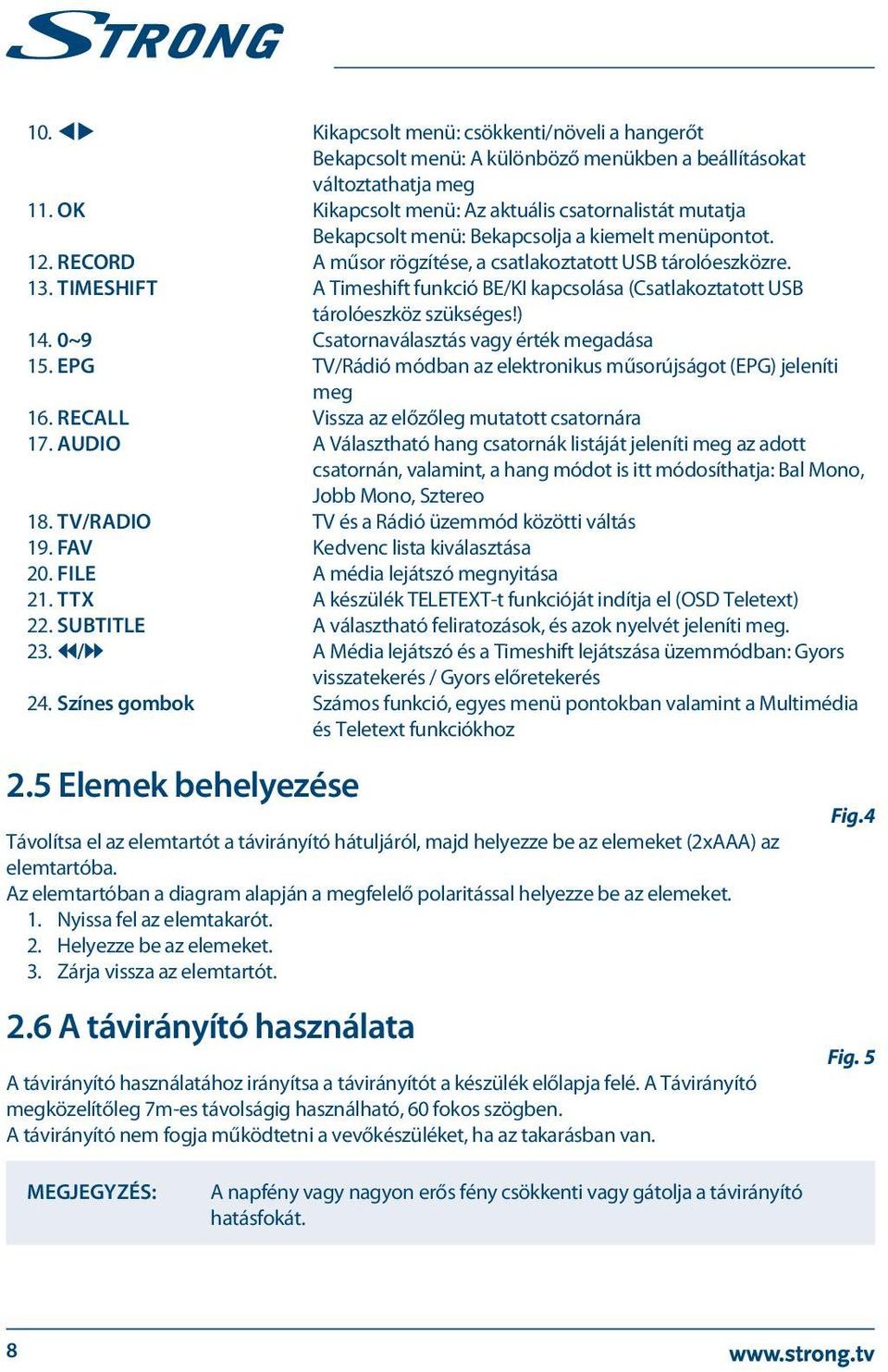 TIMESHIFT A Timeshift funkció BE/KI kapcsolása (Csatlakoztatott USB tárolóeszköz szükséges!) 14. 0~9 Csatornaválasztás vagy érték megadása 15.