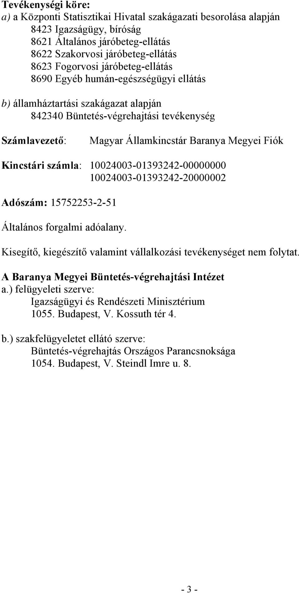 számla: 10024003-01393242-00000000 10024003-01393242-20000002 Adószám: 15752253-2-51 Általános forgalmi adóalany. Kisegítő, kiegészítő valamint vállalkozási tevékenységet nem folytat.