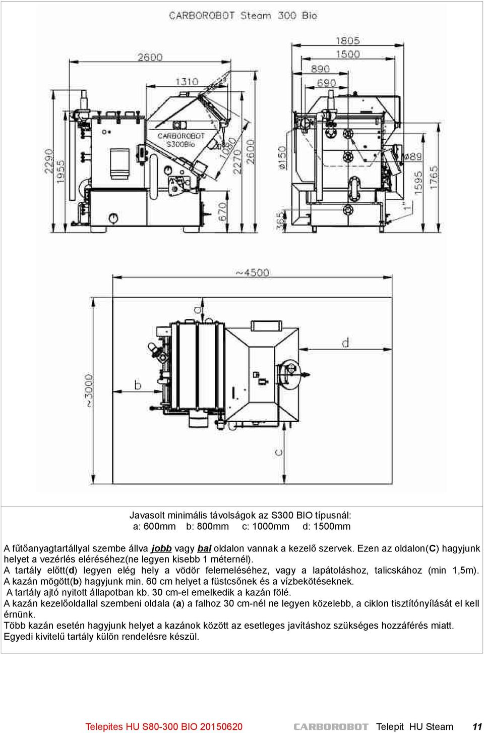 A kazán mögött(b) hagyjunk min. 60 cm helyet a füstcsőnek és a vízbekötéseknek. A tartály ajtó nyitott állapotban kb. 30 cm-el emelkedik a kazán fölé.