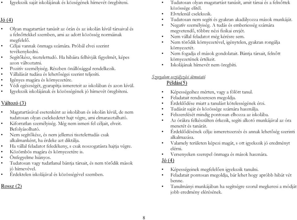 Próbál elvei szerint tevékenykedni. Segítőkész, tisztelettudó. Ha hibáira felhívják figyelmét, képes azon változtatni. Pozitív személyiség. Részben önállósággal rendelkezik.