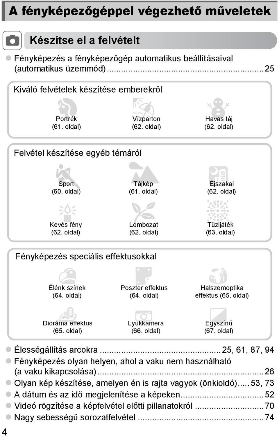 oldal) J Tájkép (61. oldal) O Lombozat (62. oldal) Éjszakai (62. oldal) t Tűzijáték (63. oldal) Fényképezés speciális effektusokkal Élénk színek (64. oldal) Poszter effektus (64.