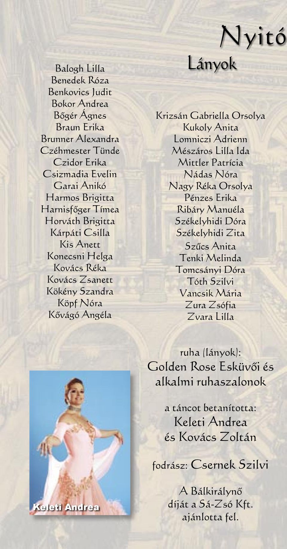 Ida Mittler Patrícia Nádas Nóra Nagy Réka Orsolya Pénzes Erika Ribáry Manuéla Székelyhidi Dóra Székelyhidi Zita Szûcs Anita Tenki Melinda Tomcsányi Dóra Tóth Szilvi Vancsik Mária Zura Zsófia Zvara