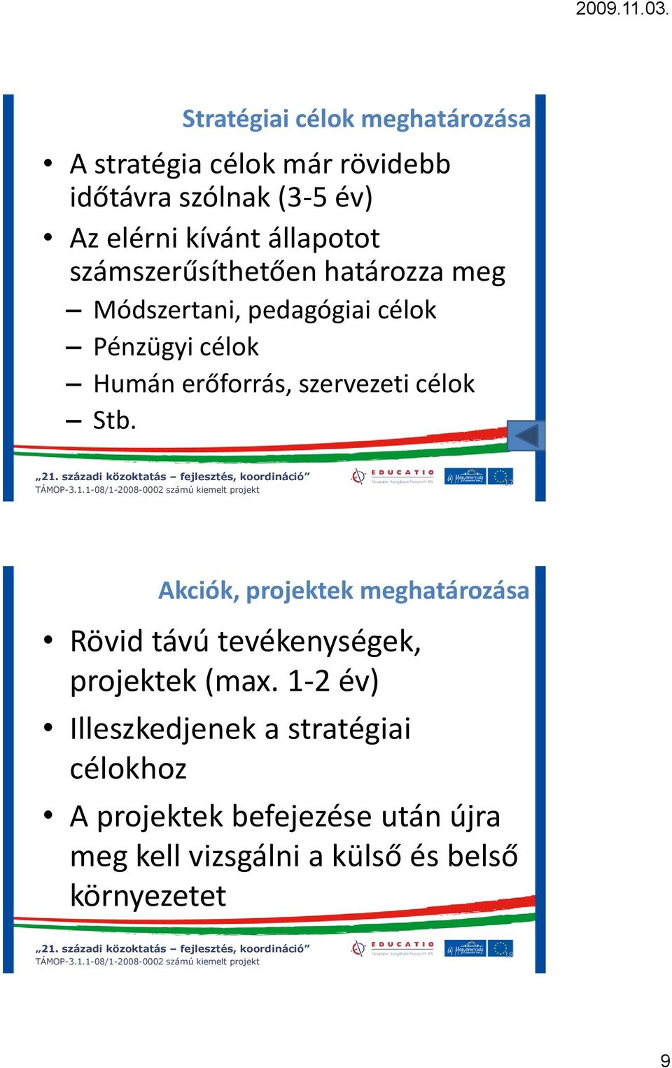 szervezeti célok Stb. 17 Akciók, projektek meghatározása Rövid távú tevékenységek, projektek (max.