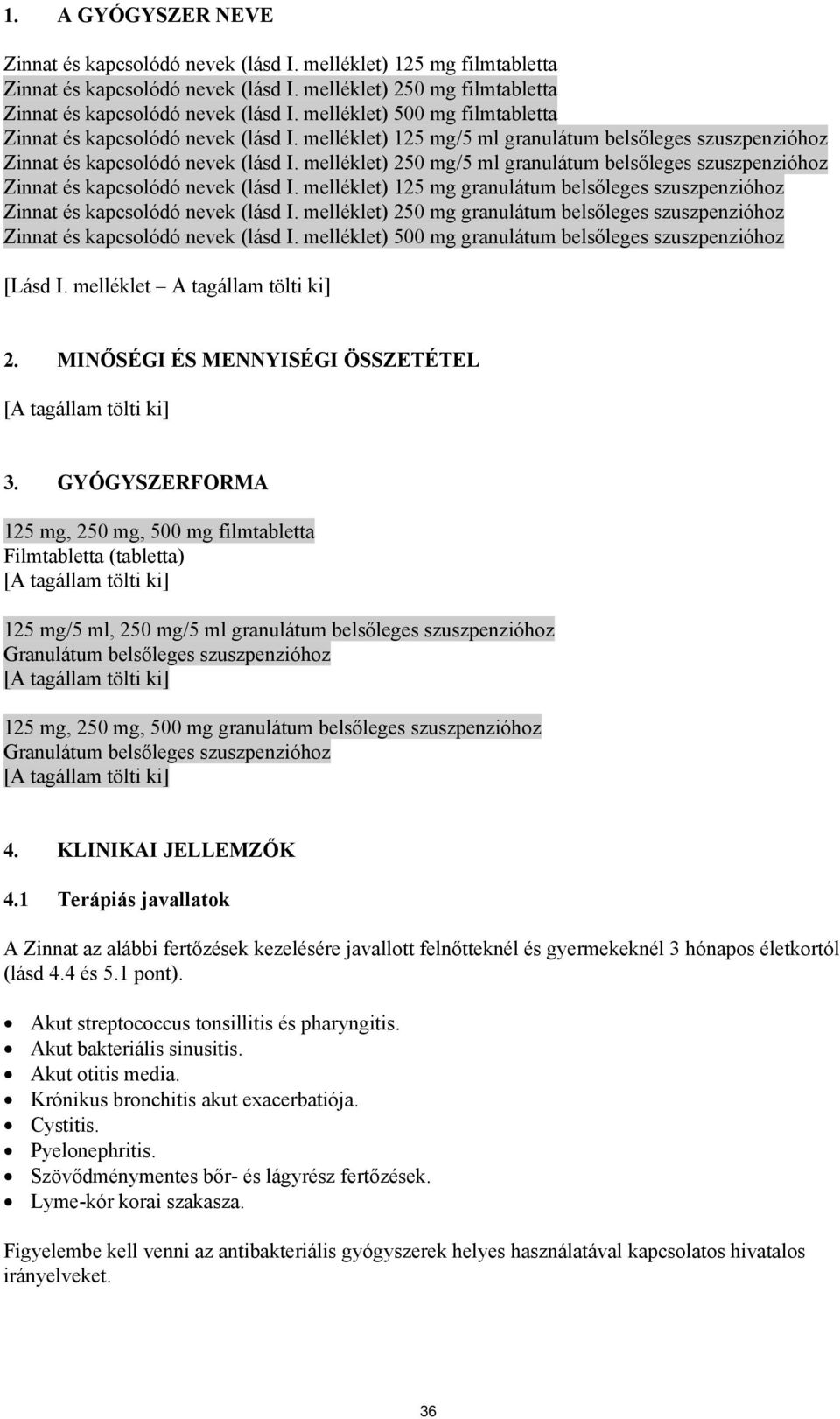 melléklet) 250 mg/5 ml granulátum belsőleges szuszpenzióhoz Zinnat és kapcsolódó nevek (lásd I. melléklet) 125 mg granulátum belsőleges szuszpenzióhoz Zinnat és kapcsolódó nevek (lásd I.