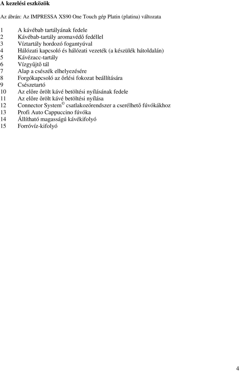 elhelyezésére 8 Forgókapcsoló az őrlés fokozat beállítására 9 Csészetartó 10 Az előre őrölt kávé betöltés nyílásának fedele 11 Az előre őrölt kávé